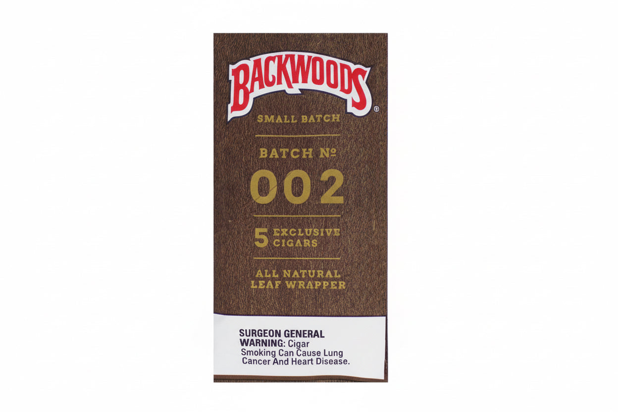 Backwoods cigar packaging with brown background and red and white text