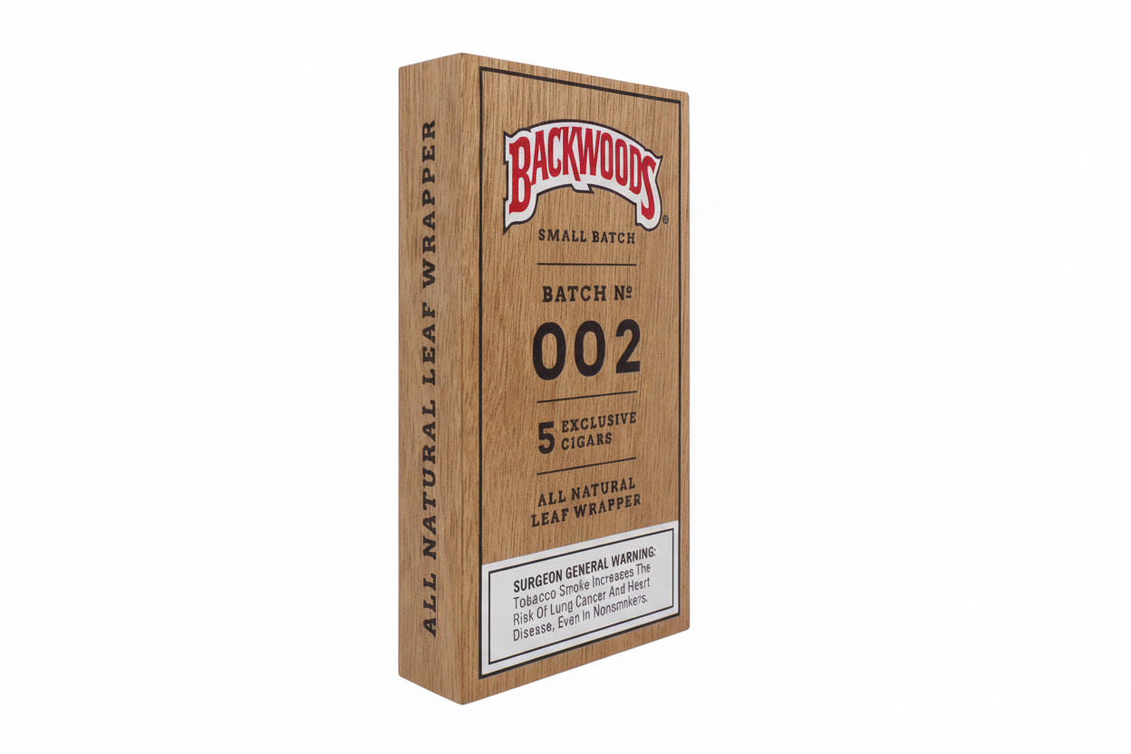 Backwoods cigar box with wooden texture and brand logo on a white background