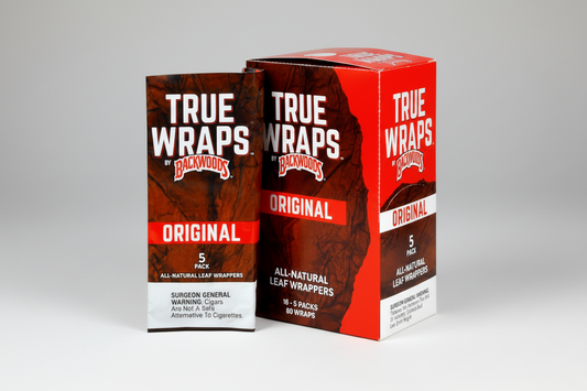 Two boxes of True Wraps by Backwoods Original all-natural leaf wrappers on a white background.