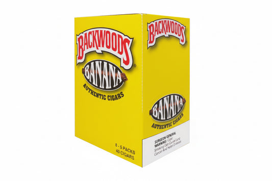 Box of Backwoods Banana Authentic Cigars on a white background