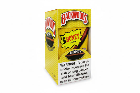 Backwoods Honey cigars packaging with warning label on a white background