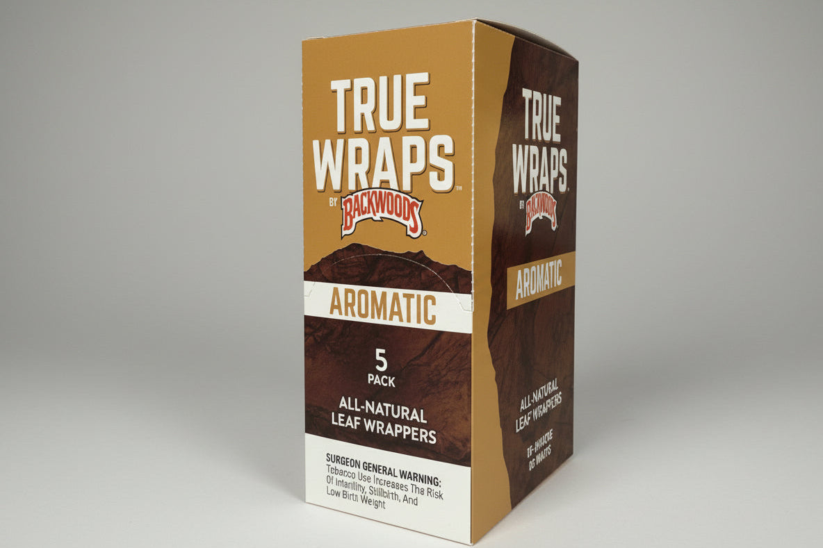 Pack of Backwoods True Wraps aromatic all-natural leaf wrappers on a black background